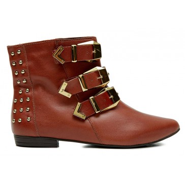 Flat Bootie with Buckles - Cognac