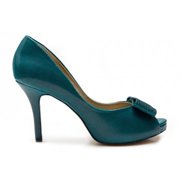 Bow Trimmed Peep Toe Snake - Carribean Green