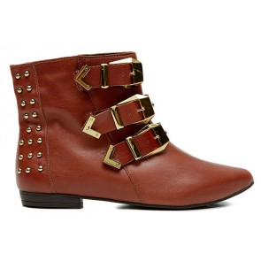 Flat Bootie with Buckles - Cognac