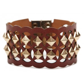 Leather Laser Cut Studded Cuff - Cognac